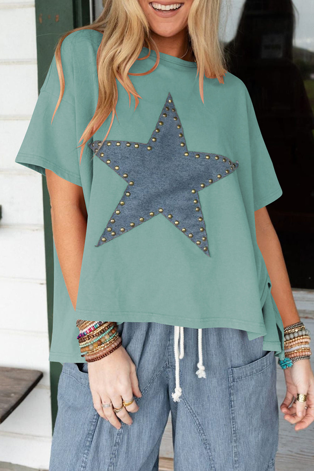 Mineral Wash Studded Star Patch Graphic High Low Tee