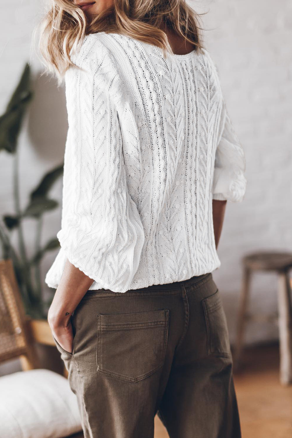 Solid Cable Knit V-Neck Puff Sleeve Cardigan