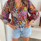 Floral Print Bracelet Sleeve Notch V Neck Blouse