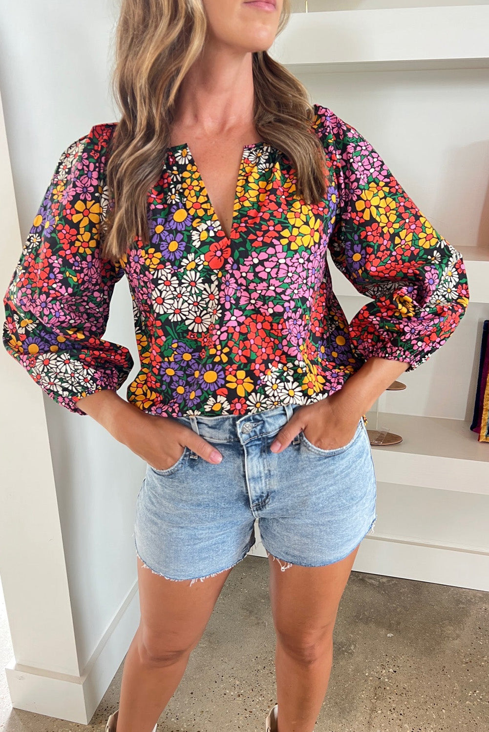 Floral Print Bracelet Sleeve Notch V Neck Blouse
