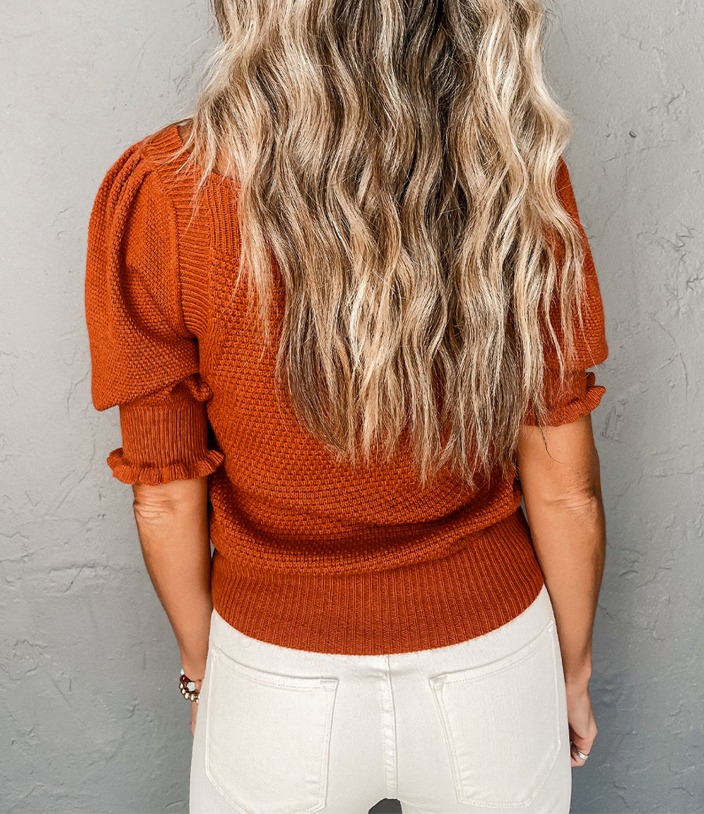 Textured Knit Bubble Sleeve Square Neck Top