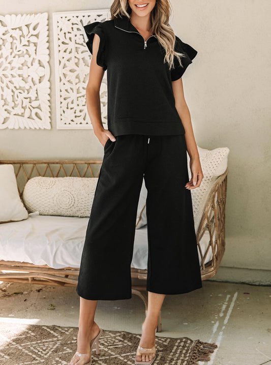 Textured Flutter Sleeve Top Wide Leg Pants Set