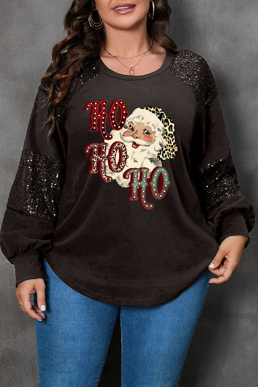 Plus HO HO HO Santa Graphic Sequined Puff Sleeve Top