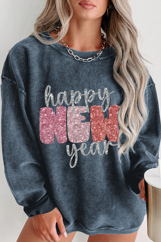 Plus Size Sequin Happy New Year Graphic Corded Sweatshirt
