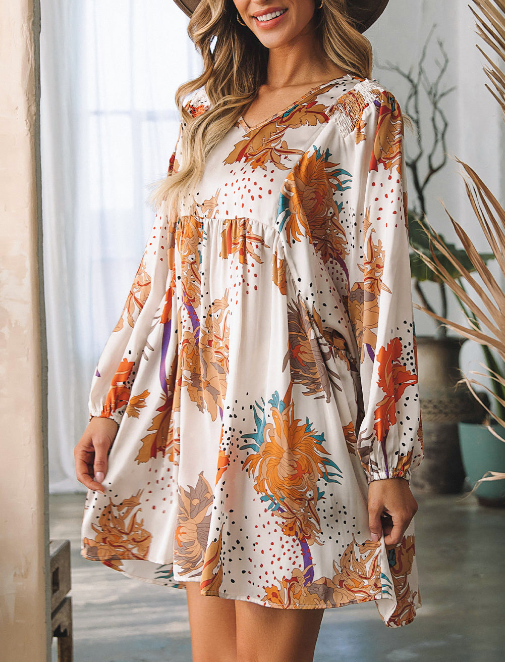 Floral Dotted Print Empire Waist Shift Dress