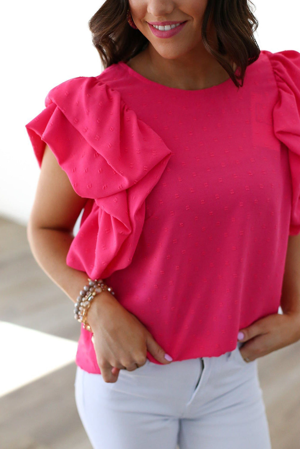 Ruffled Sleeve Swiss Dot Blouse