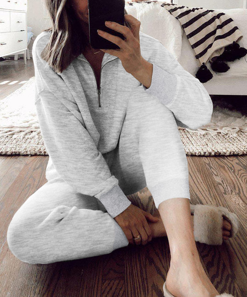 Solid Half Zipped Drawstring High Waist Lounge Set