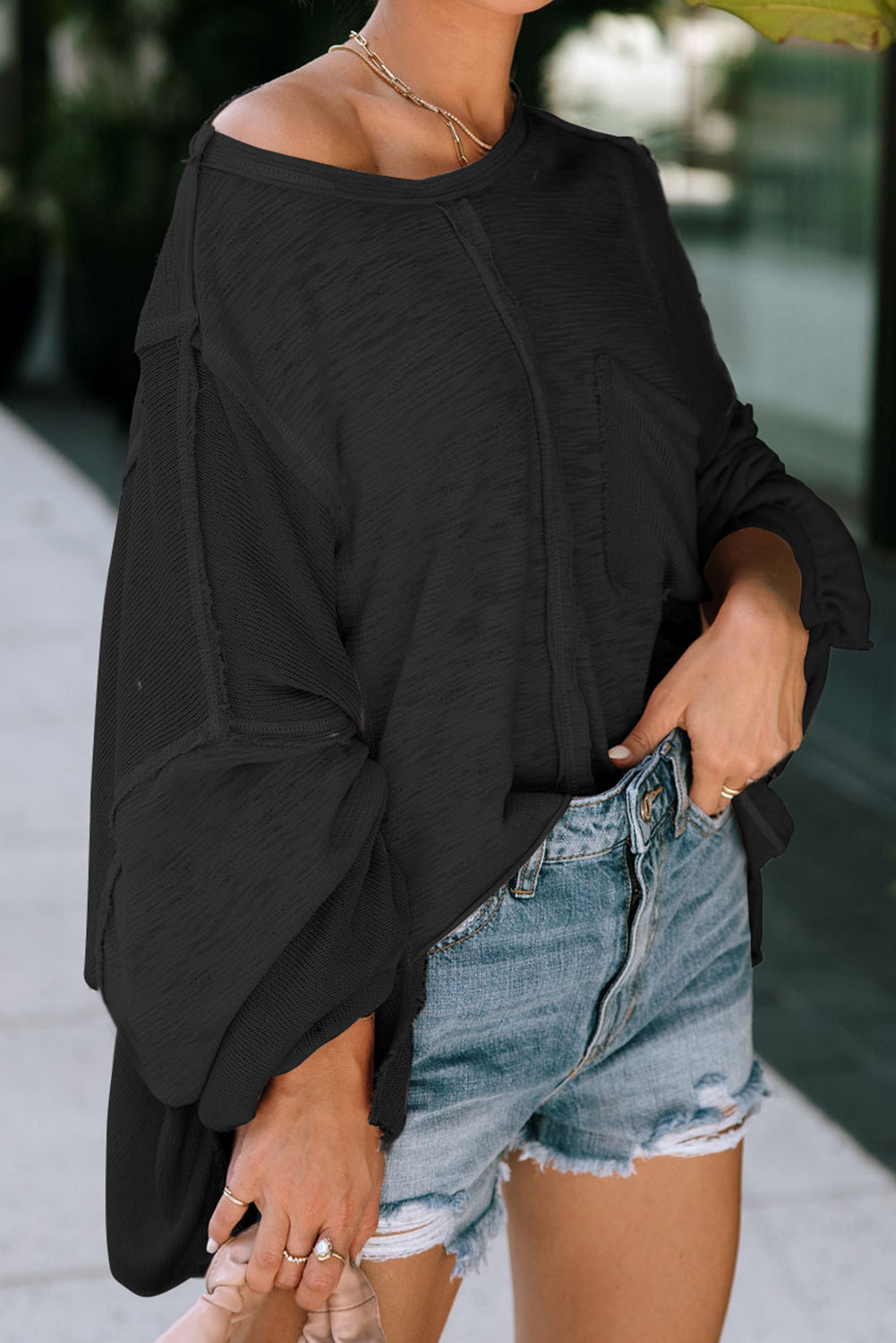 Exposed Seam Chest Pocket Loose Sleeve Oversized Top
