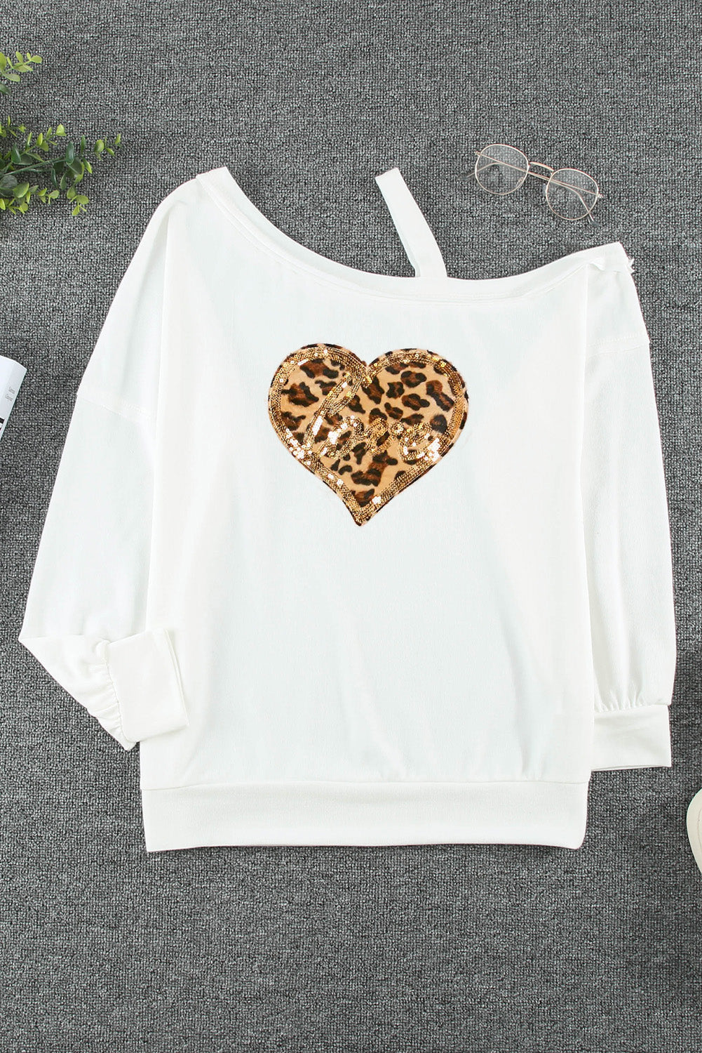 Leopard Sequined Love Heart One Shoulder Top