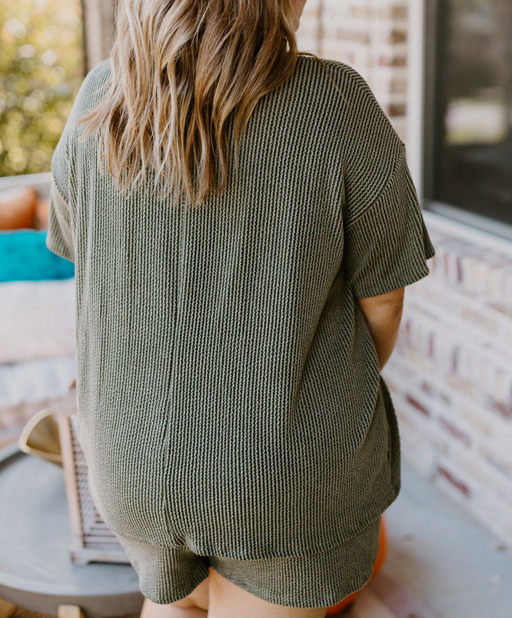 Plus Size Rib Knit Short Sleeve Top and Shorts Set