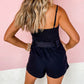 Black Shirred Back Buckle Belted Romper