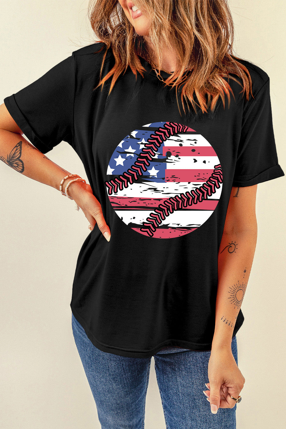 American Flag Baseball Graphic Crewneck T Shirt