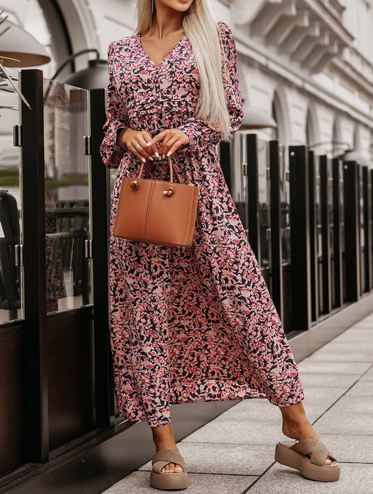 Boho Floral Print Buttons Deep V Neck Maxi Dress