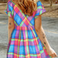 Multicolor Plaid Short Sleeve Babydoll Mini Dress