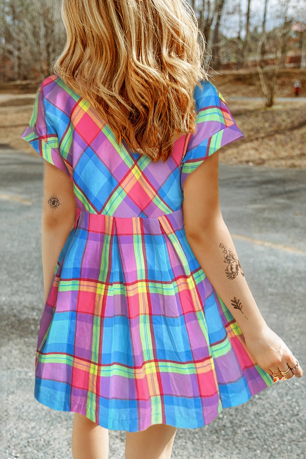 Multicolor Plaid Short Sleeve Babydoll Mini Dress