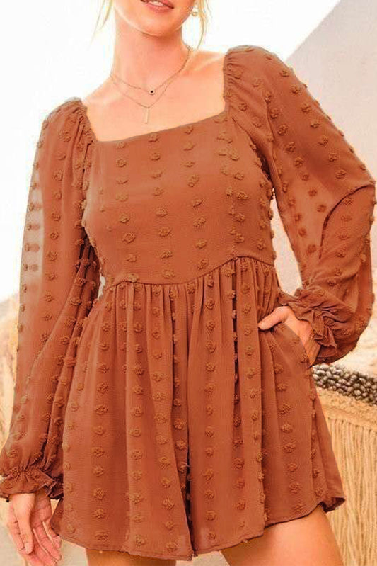 Swiss Dot Flounced Bubble Sleeve Square Neck Romper