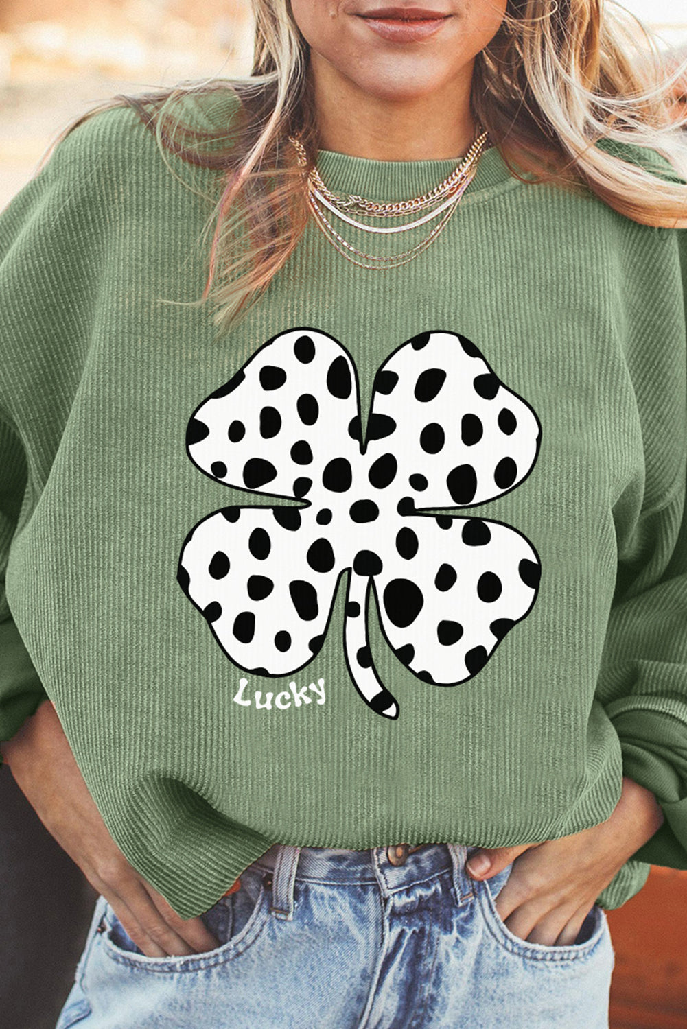 Western Cow Clover Print Crewneck Corded Sweatshirt