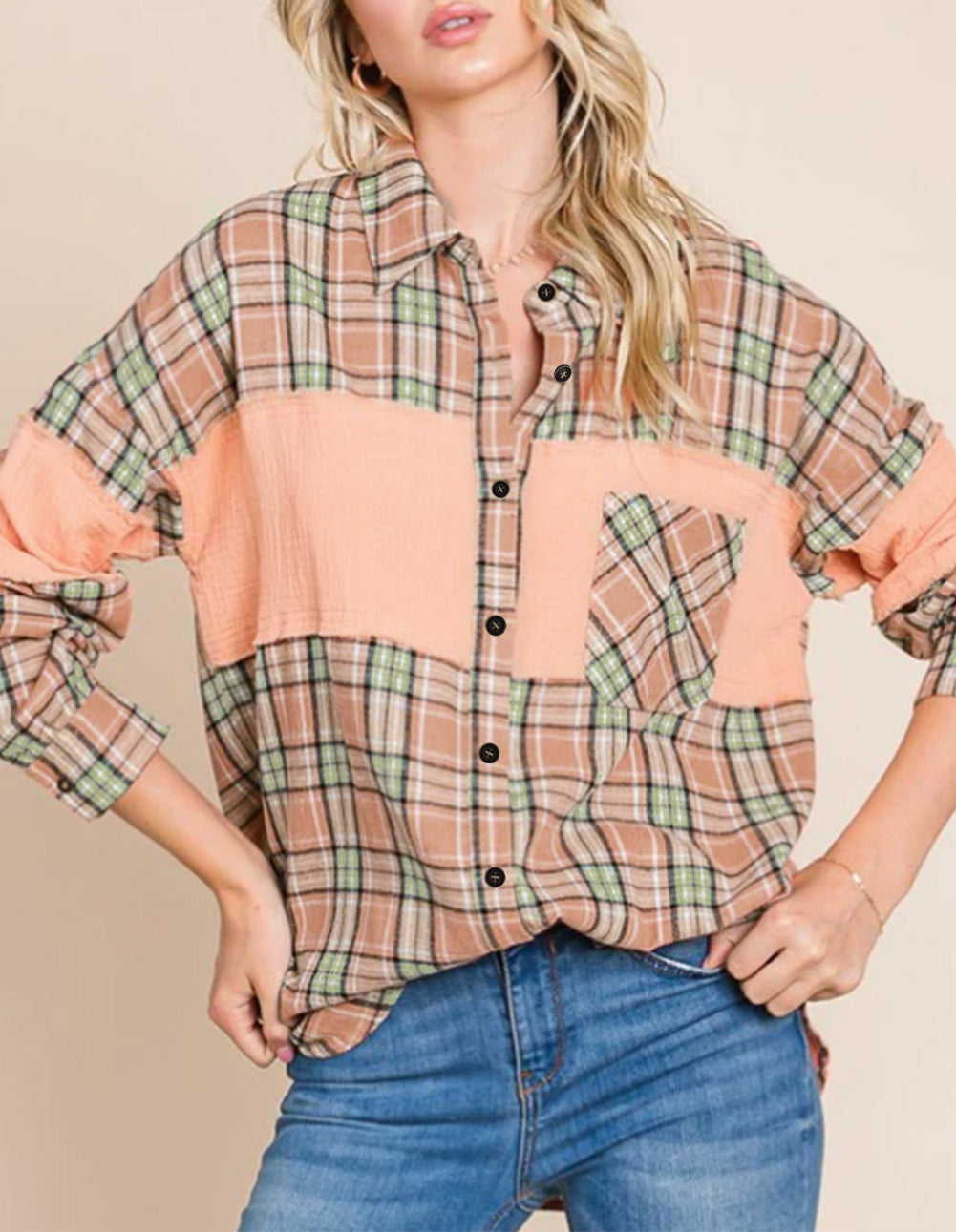 Crinkled Patchwork Plaid Print Oversized Shirt