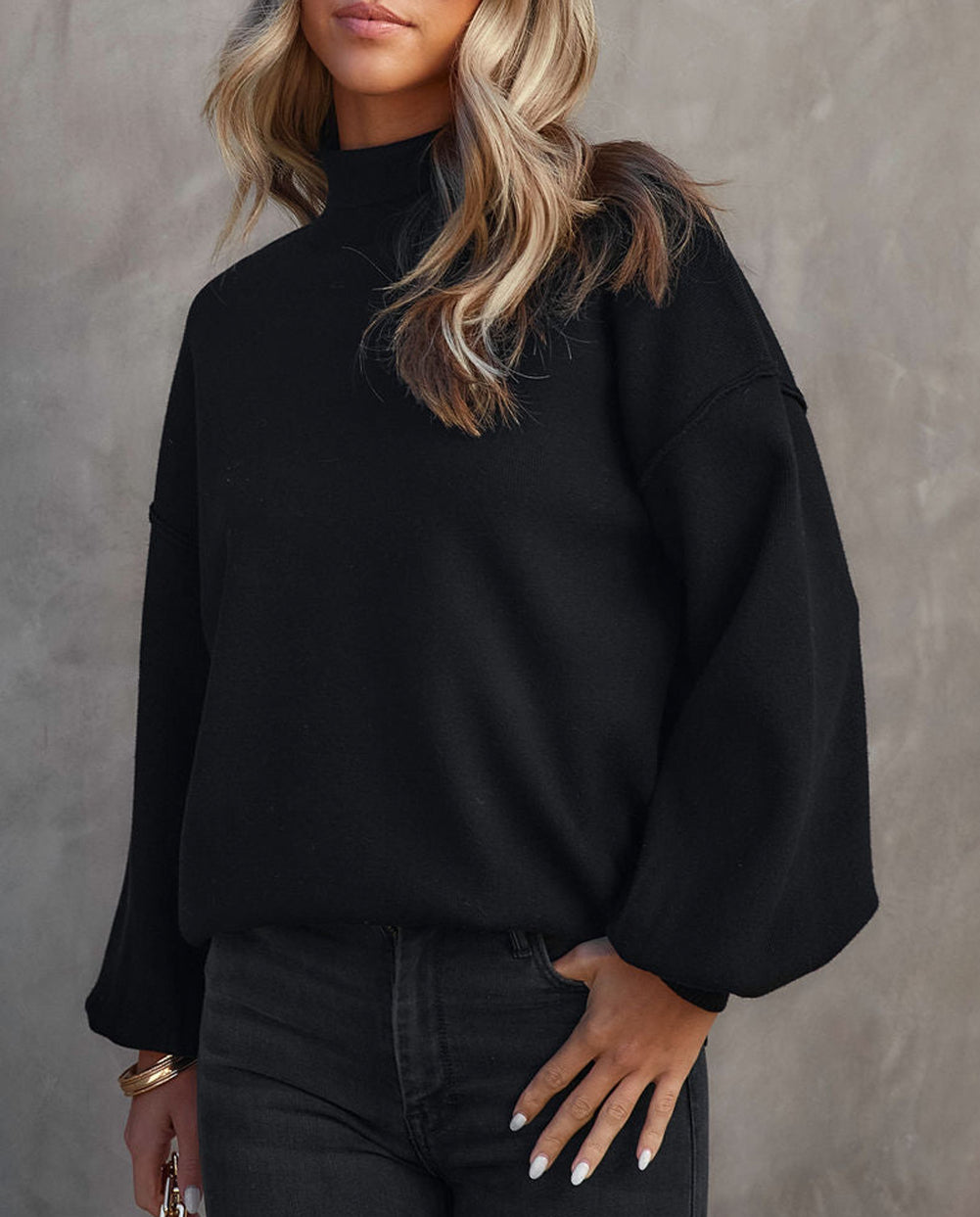 Turtleneck Drop Shoulder Bubble Sleeve Knit Sweater
