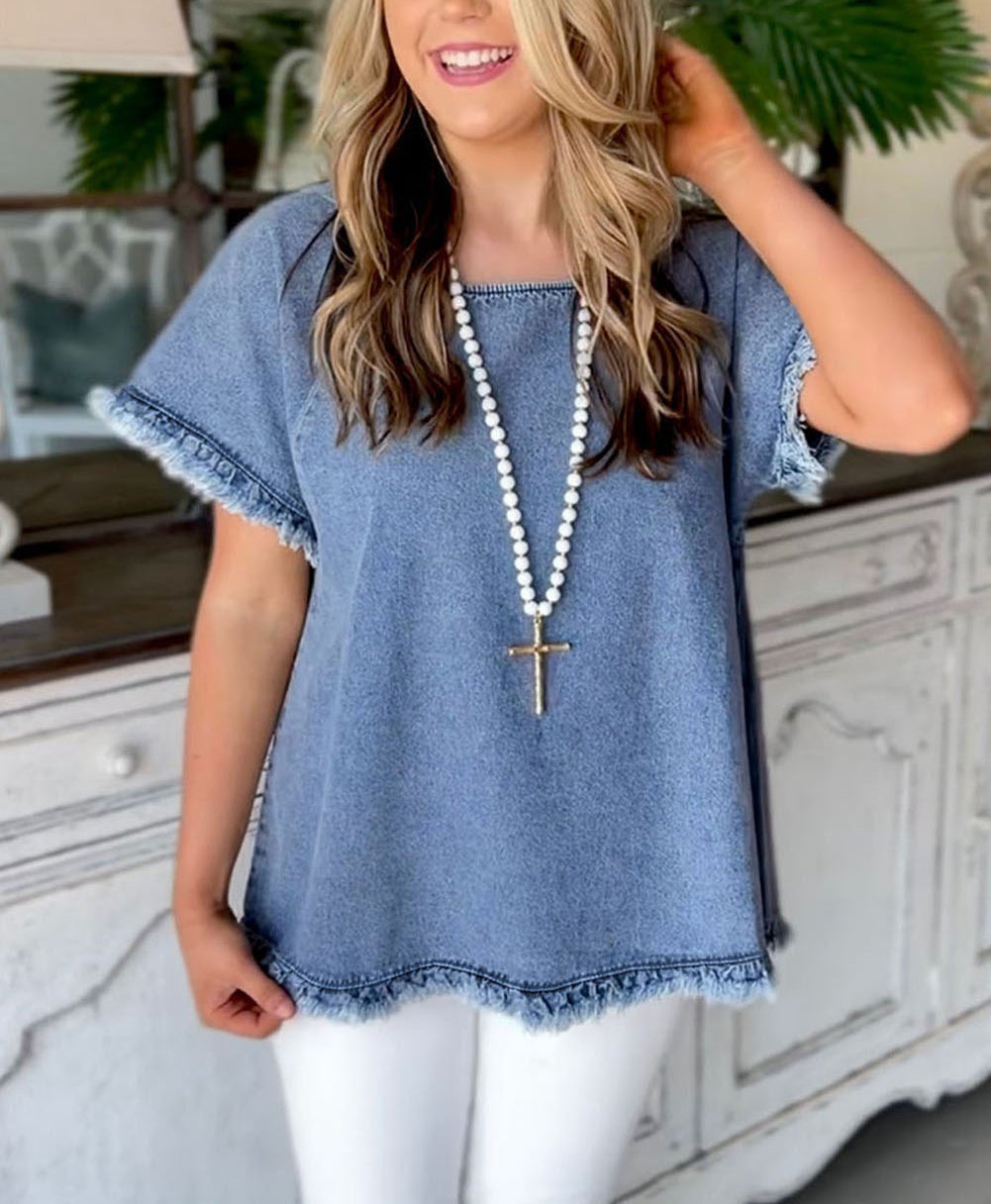 Sky Blue Raw Edge Denim Top