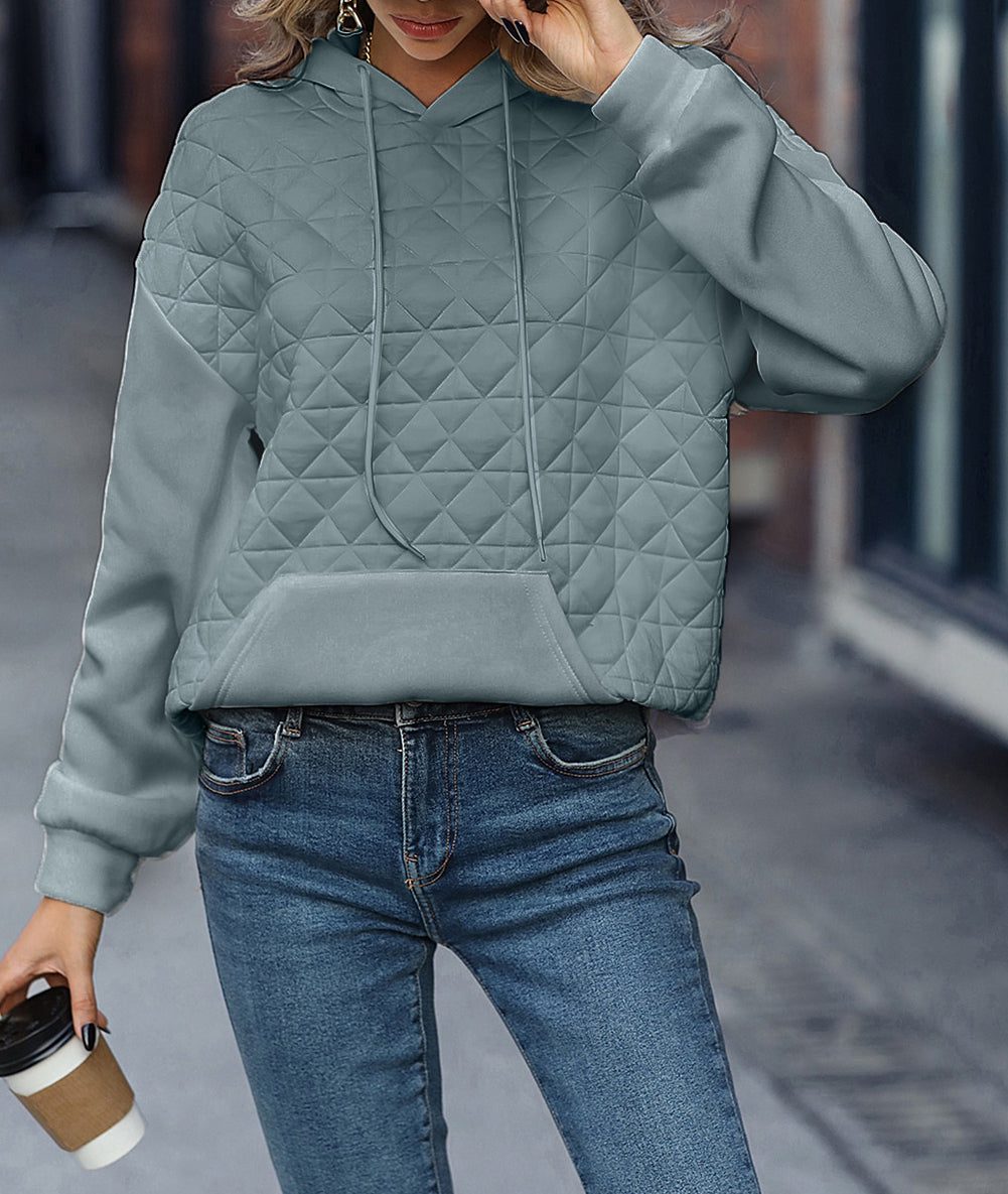 Drop Shoulder Quilted Patchwork Kangaroo Pocket Hoodie