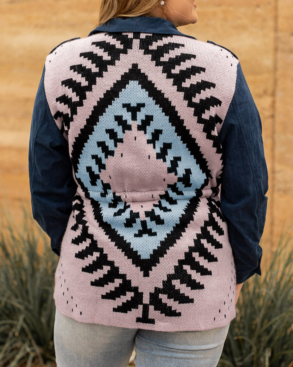 Plus Size Corduroy Jacquard Knit Aztec Back Jacket