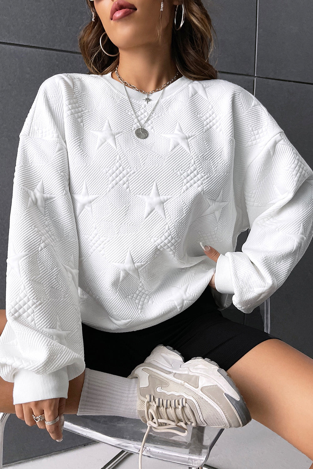 Star Embossed Textured Drop Shoulder Sweatshirt