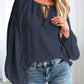 Lantern Sleeve Stripe Tassel Drawstring Blouse