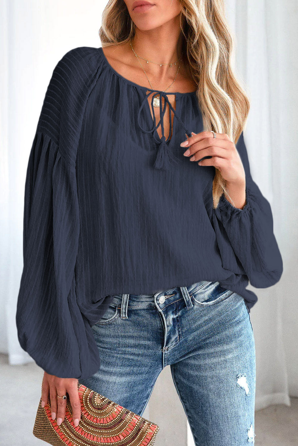 Lantern Sleeve Stripe Tassel Drawstring Blouse