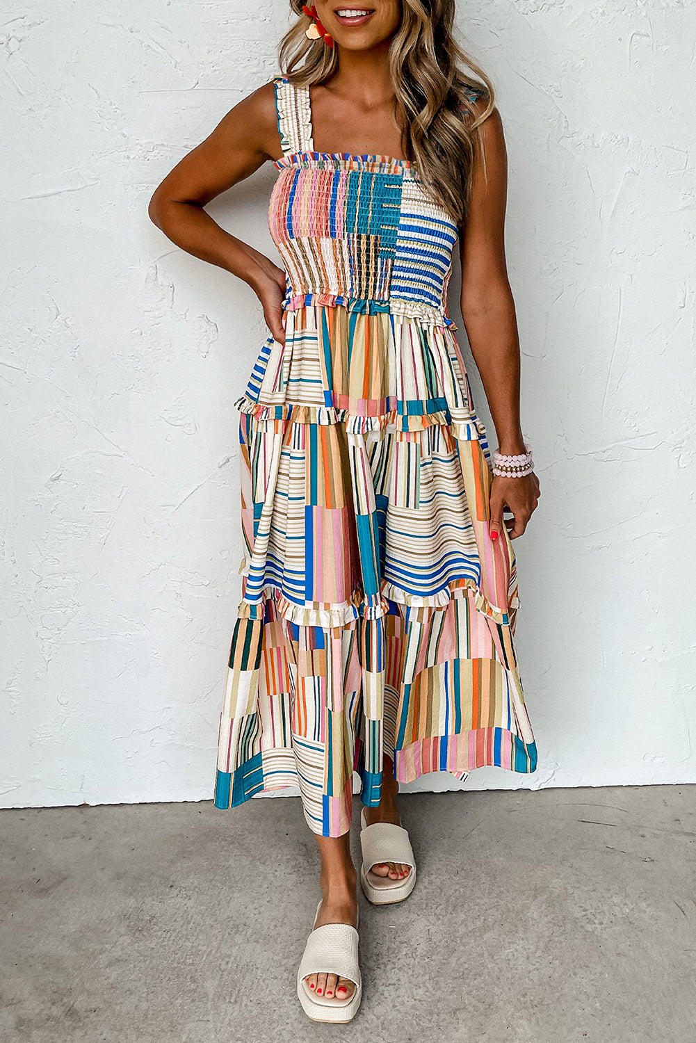 Mix Striped Wide Straps Smocked Tiered Maxi Dress