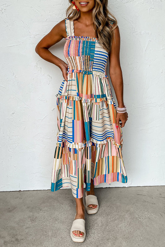 Mix Striped Wide Straps Smocked Tiered Maxi Dress