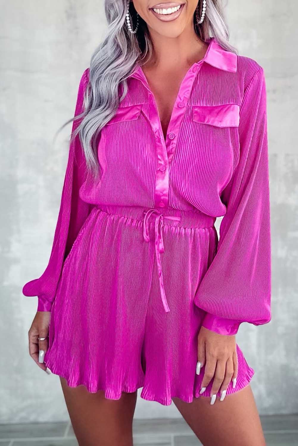 Pleated Long Sleeve Buttoned Drawstring Romper