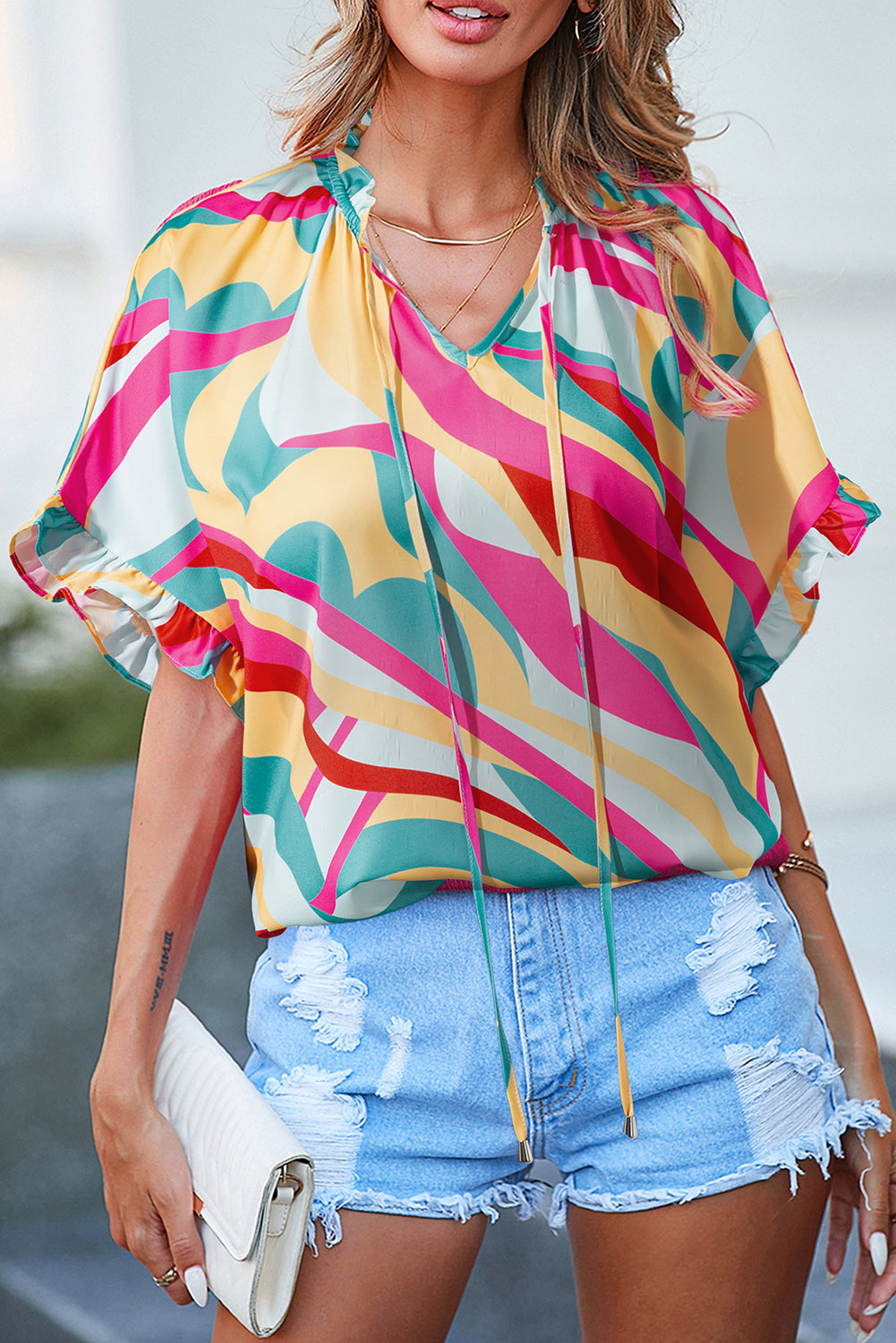 Printed Frilled Batwing Sleeve Oversized T Shirt