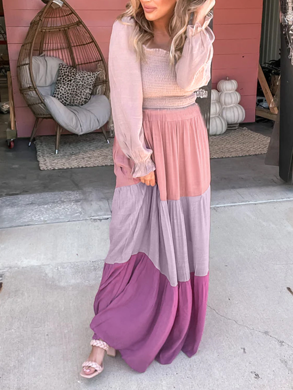 Smocked Bubble Sleeve Colorblock Tiered Maxi Dress