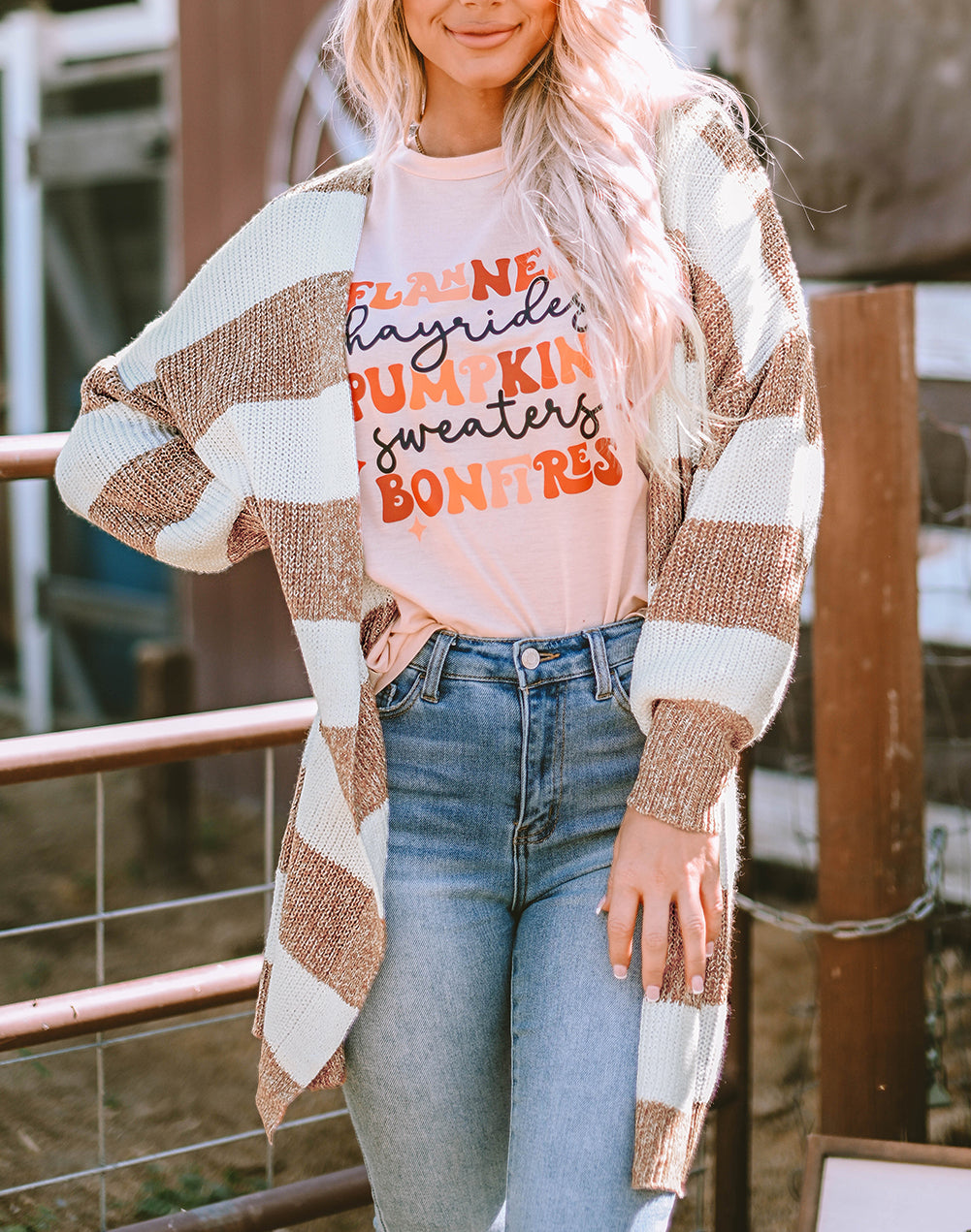 Striped Colorblock Rib Knit Bubble Sleeve Midi Cardigan