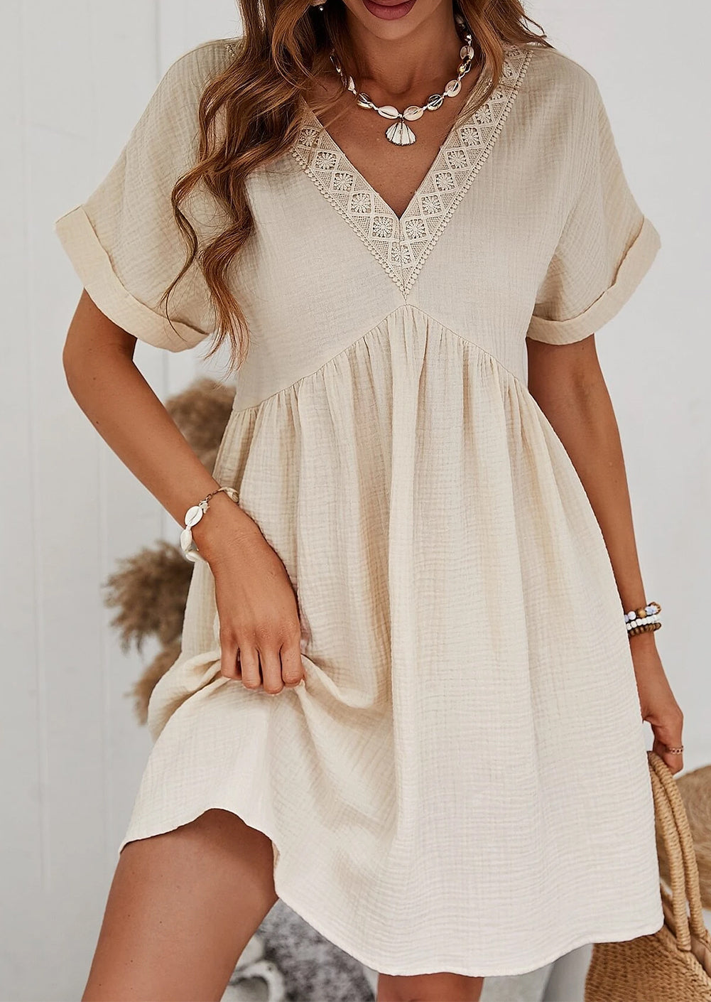 Folded Short Sleeve Lace V Neck Mini Dress