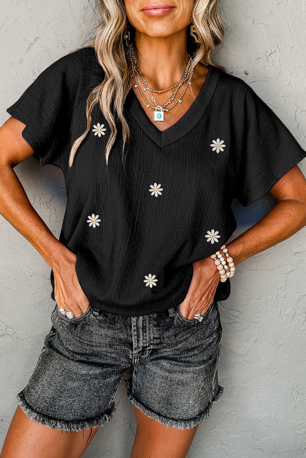Crinkled Daisy Embroidered V Neck T Shirt