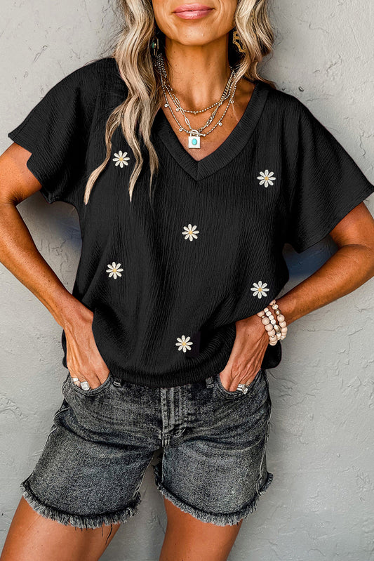 Crinkled Daisy Embroidered V Neck T Shirt