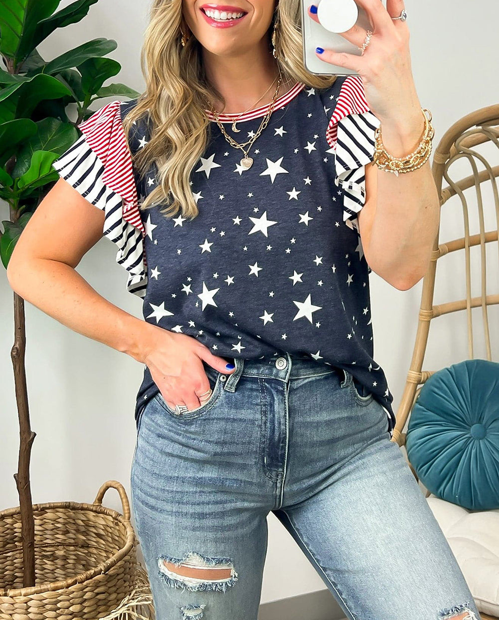 Striped Ruffled Sleeve Star Print T Shirt