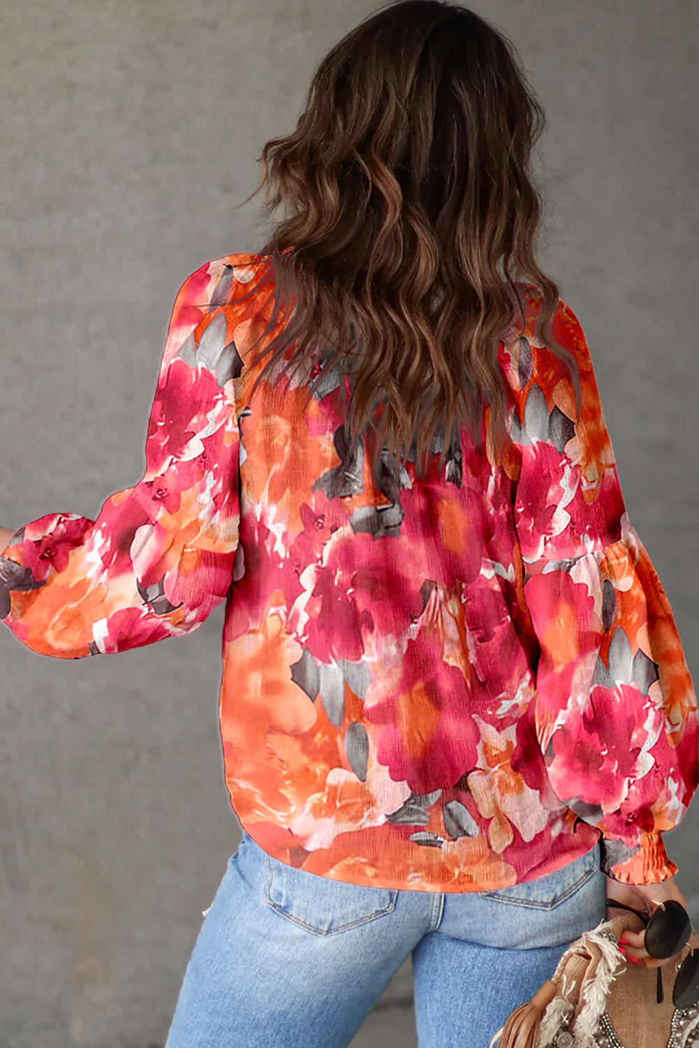 Floral Print Split Neck Tassel Tie Blouse