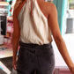 Halter Button Keyhole Back Textured Sleeveless Top