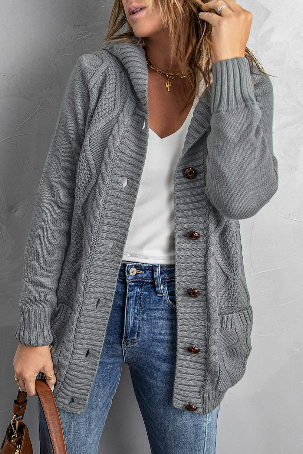 Buttoned Hooded Open Front Knitted Sweater