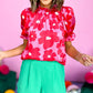Floral Puff Sleeve Frill Neckline Blouse