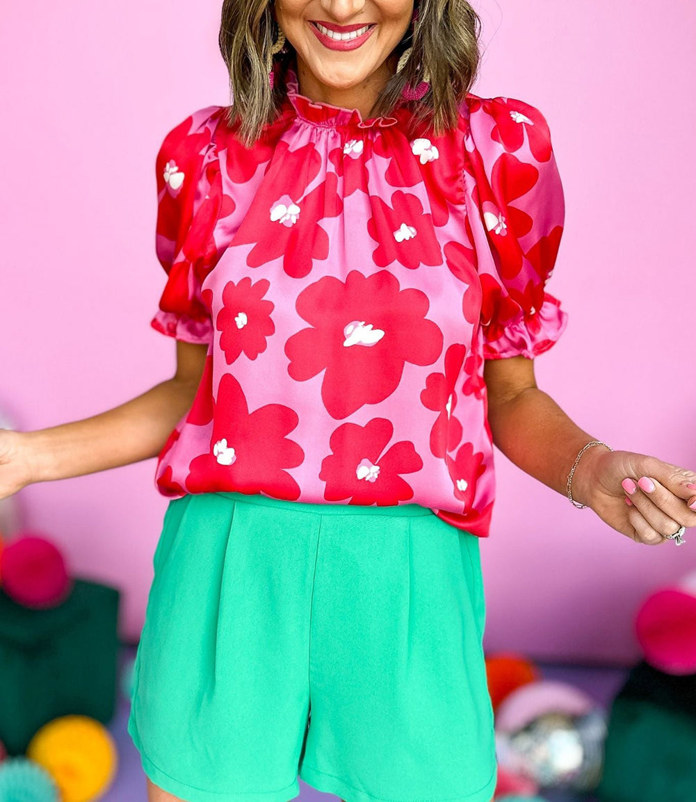 Floral Puff Sleeve Frill Neckline Blouse