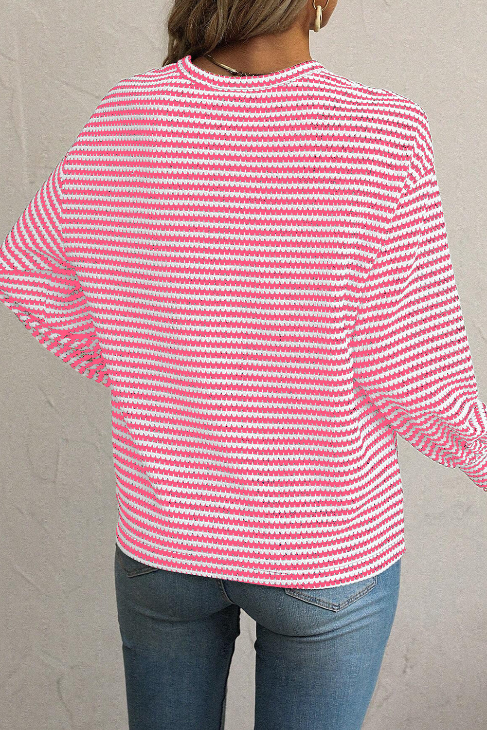 Stripe Round Neck Drop Shoulder Long Sleeve Top