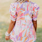 Abstract Print Bubble Sleeve Smock Detail Blouse