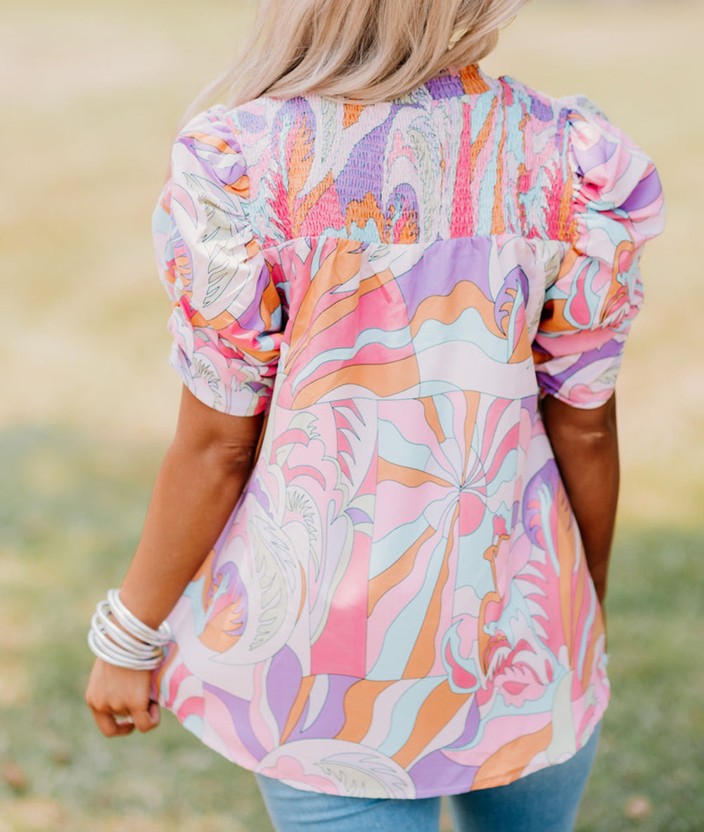 Abstract Print Bubble Sleeve Smock Detail Blouse