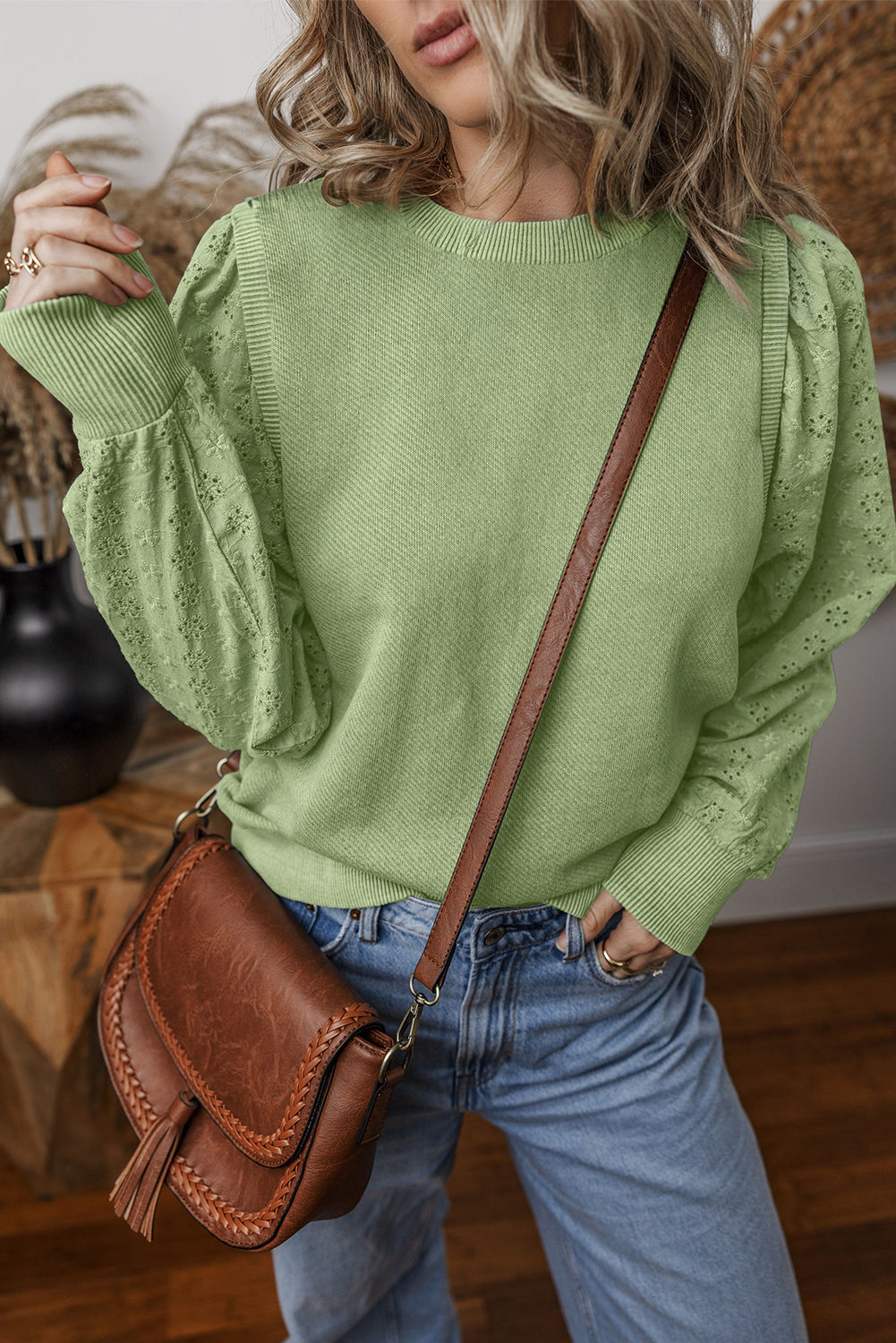 Textured Patchwork Round Neck Sweatshirt