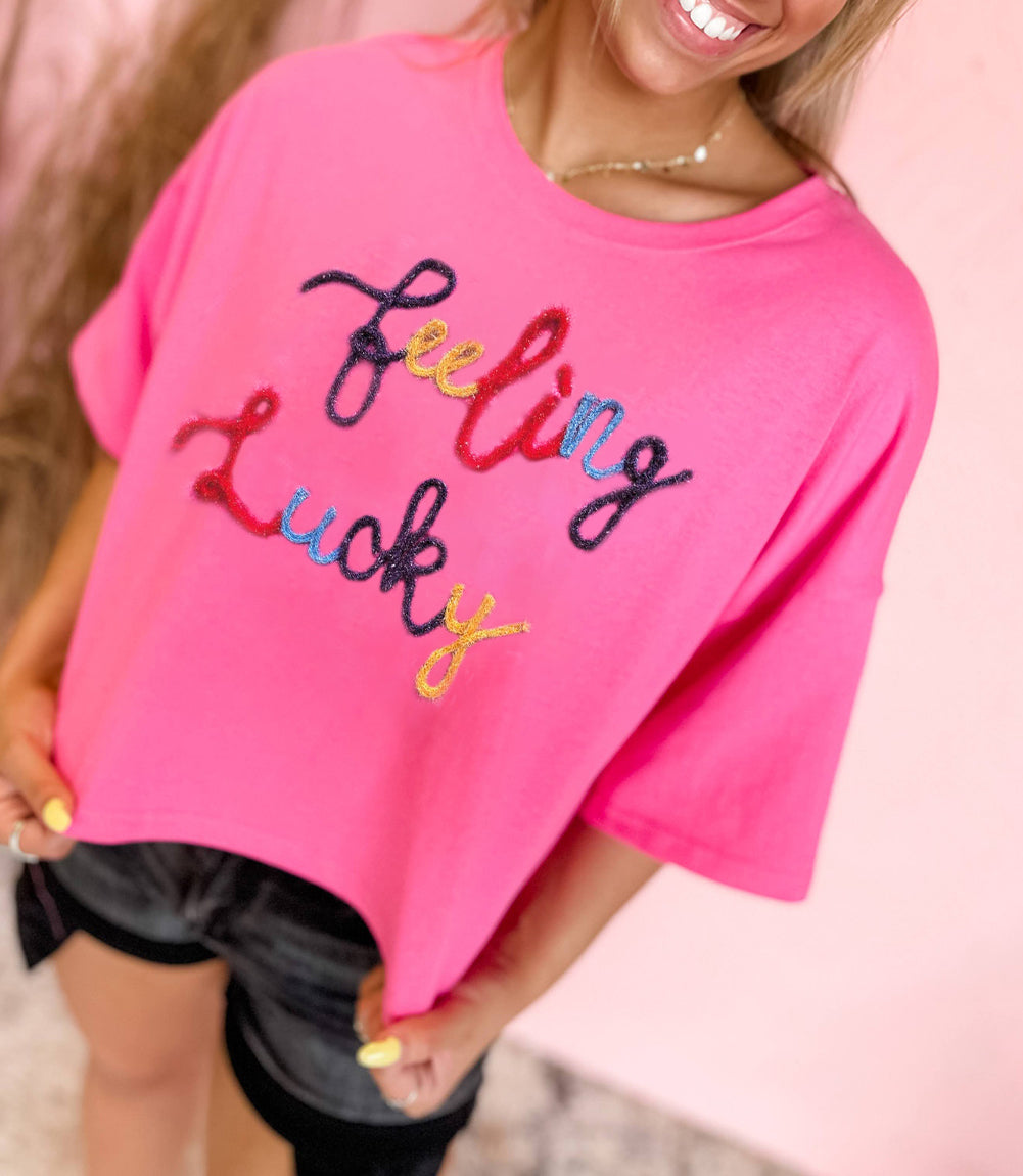 Feeling Lucky Embroidered Letter Graphic Half Sleeve Top