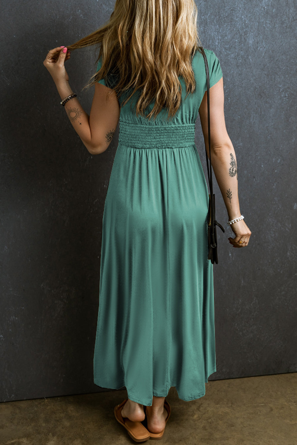 Short Sleeve Shirred High Waist V Neck Maxi Dress